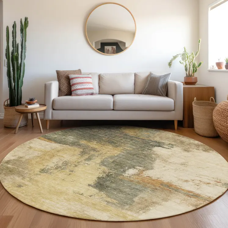 8' Sage Brown And Beige Round Abstract Washable Indoor Outdoor Area Rug