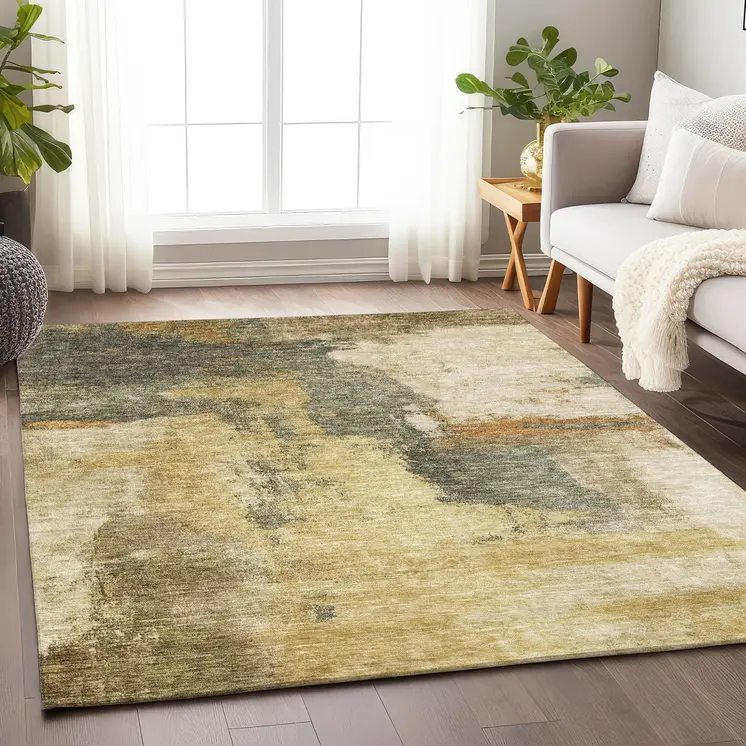 9' X 12' Sage Brown And Beige Abstract Washable Indoor Outdoor Area Rug