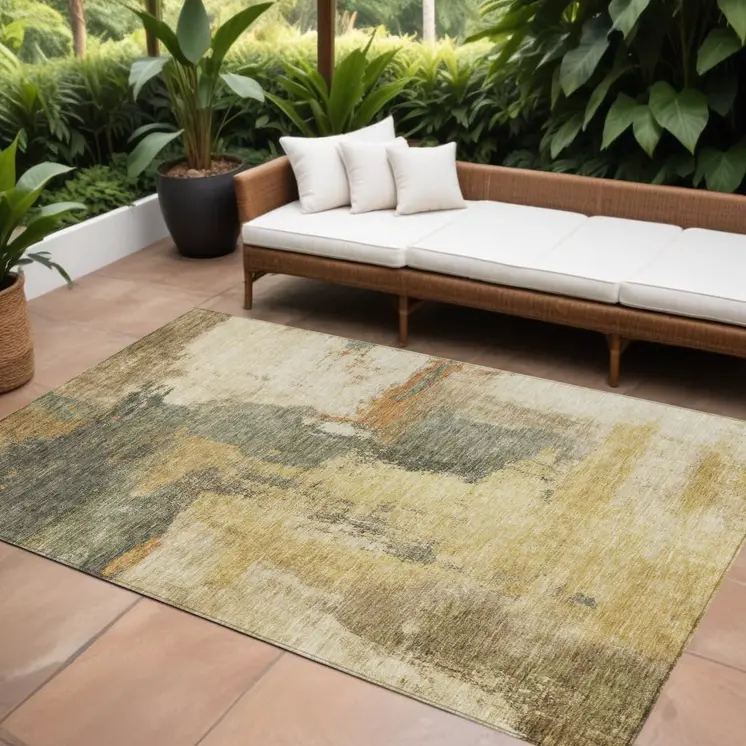10' X 14' Sage Brown And Beige Abstract Washable Indoor Outdoor Area Rug