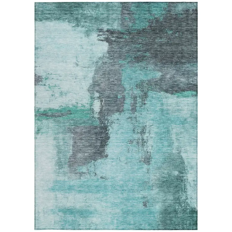 5' X 8' Teal Blue And Charcoal Abstract Washable Indoor Outdoor Area Rug