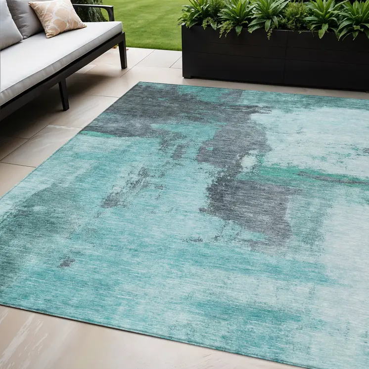 5' X 8' Teal Blue And Charcoal Abstract Washable Indoor Outdoor Area Rug