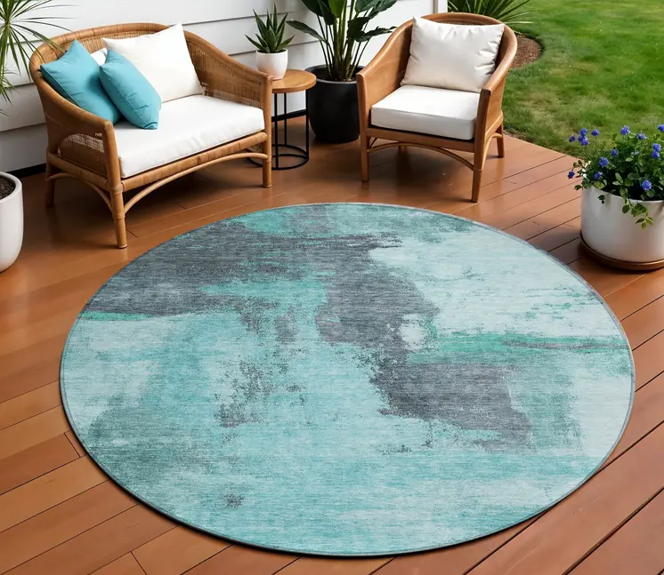 8' Teal Blue And Charcoal Round Abstract Washable Indoor Outdoor Area Rug