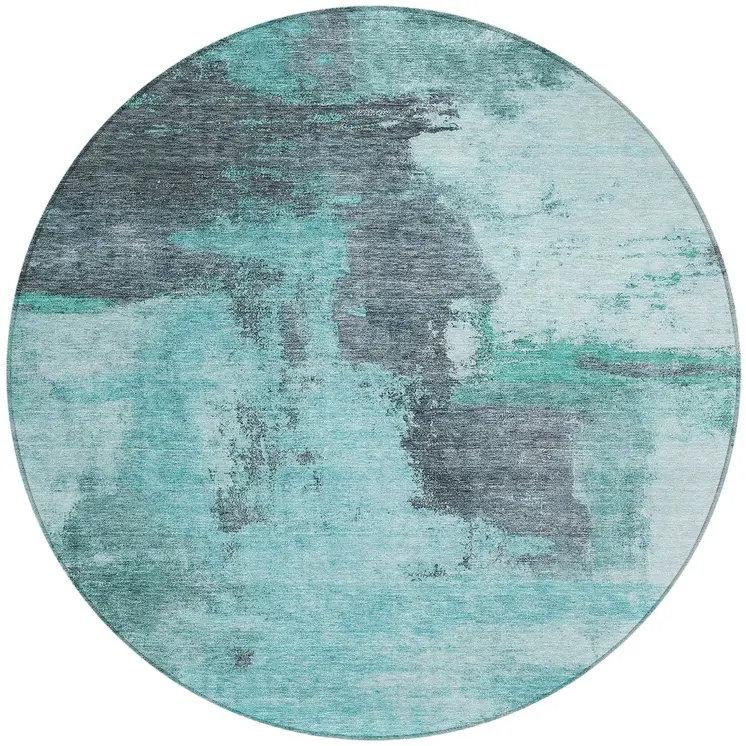 8' Teal Blue And Charcoal Round Abstract Washable Indoor Outdoor Area Rug