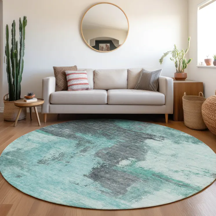 8' Teal Blue And Charcoal Round Abstract Washable Indoor Outdoor Area Rug
