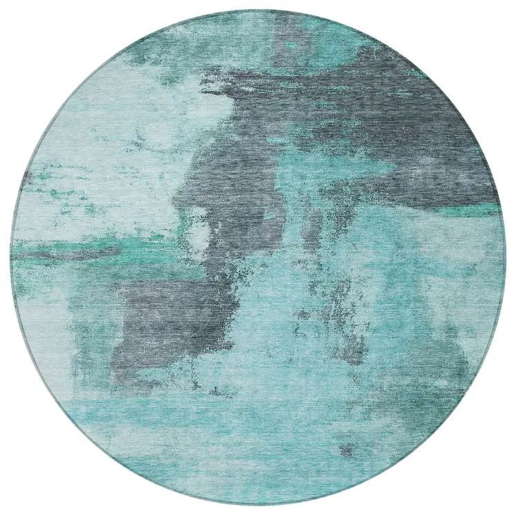 8' Teal Blue And Charcoal Round Abstract Washable Indoor Outdoor Area Rug