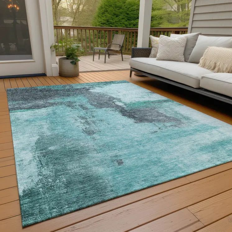 9' X 12' Teal Blue And Charcoal Abstract Washable Indoor Outdoor Area Rug