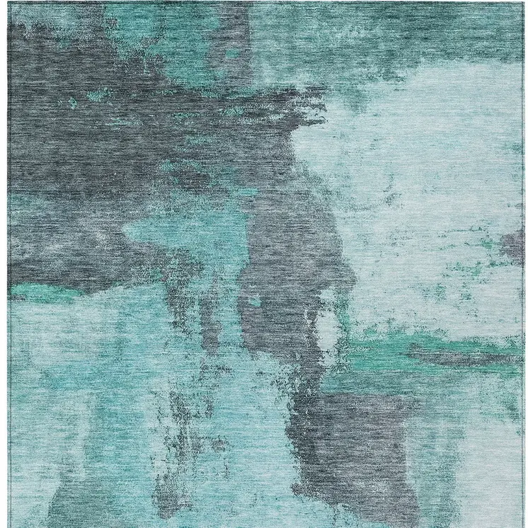 10' X 14' Teal Blue And Charcoal Abstract Washable Indoor Outdoor Area Rug