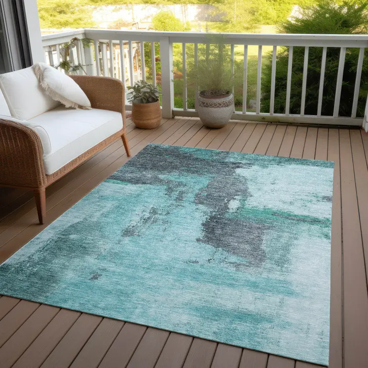 10' X 14' Teal Blue And Charcoal Abstract Washable Indoor Outdoor Area Rug