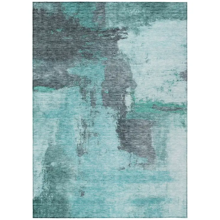 10' X 14' Teal Blue And Charcoal Abstract Washable Indoor Outdoor Area Rug