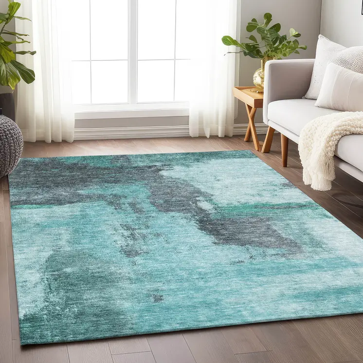 10' X 14' Teal Blue And Charcoal Abstract Washable Indoor Outdoor Area Rug