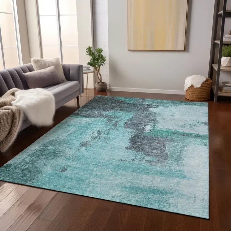 10' X 14' Teal Blue And Charcoal Abstract Washable Indoor Outdoor Area Rug