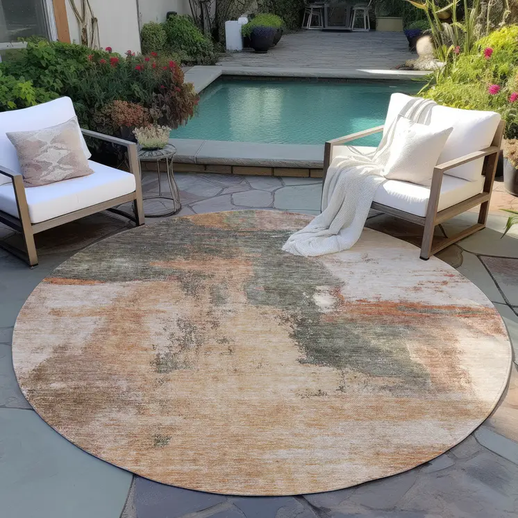 8' Terra Cotta Gray And Brown Round Abstract Washable Indoor Outdoor Area Rug