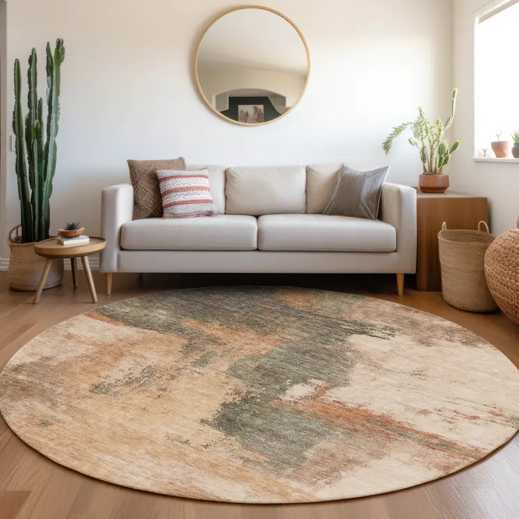 8' Terra Cotta Gray And Brown Round Abstract Washable Indoor Outdoor Area Rug