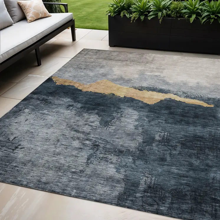 5' X 8' Blue Gray And Gold Abstract Washable Indoor Outdoor Area Rug