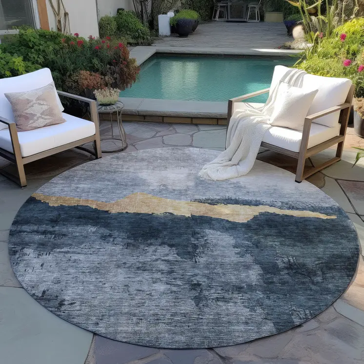 8' Blue Gray And Gold Round Abstract Washable Indoor Outdoor Area Rug