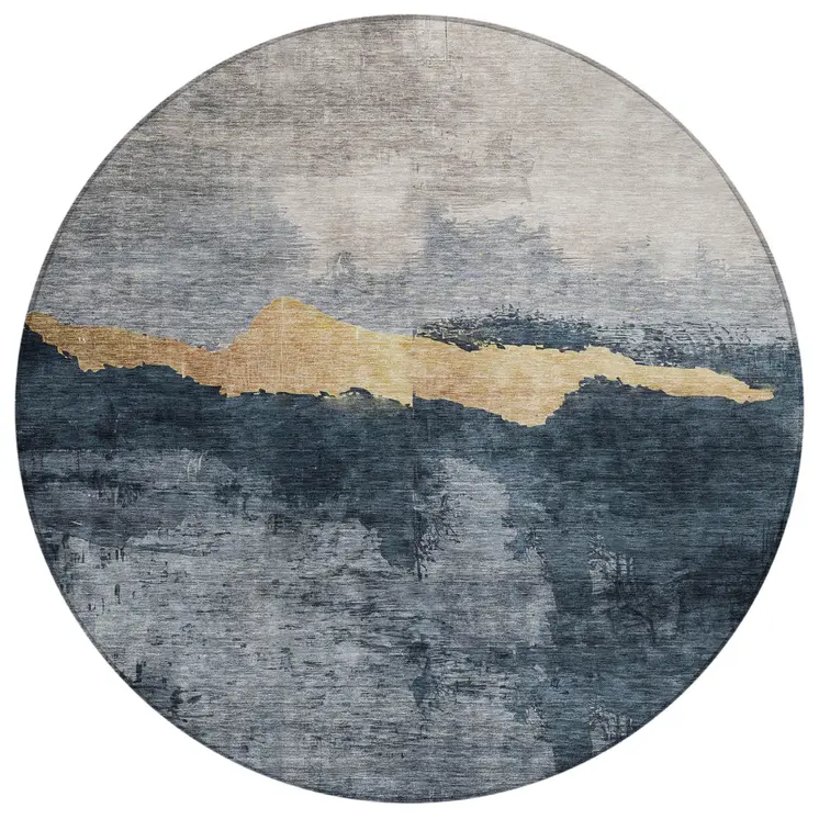 8' Blue Gray And Gold Round Abstract Washable Indoor Outdoor Area Rug