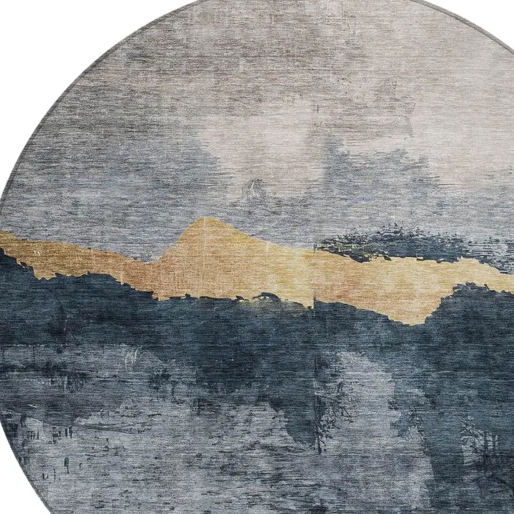 8' Blue Gray And Gold Round Abstract Washable Indoor Outdoor Area Rug
