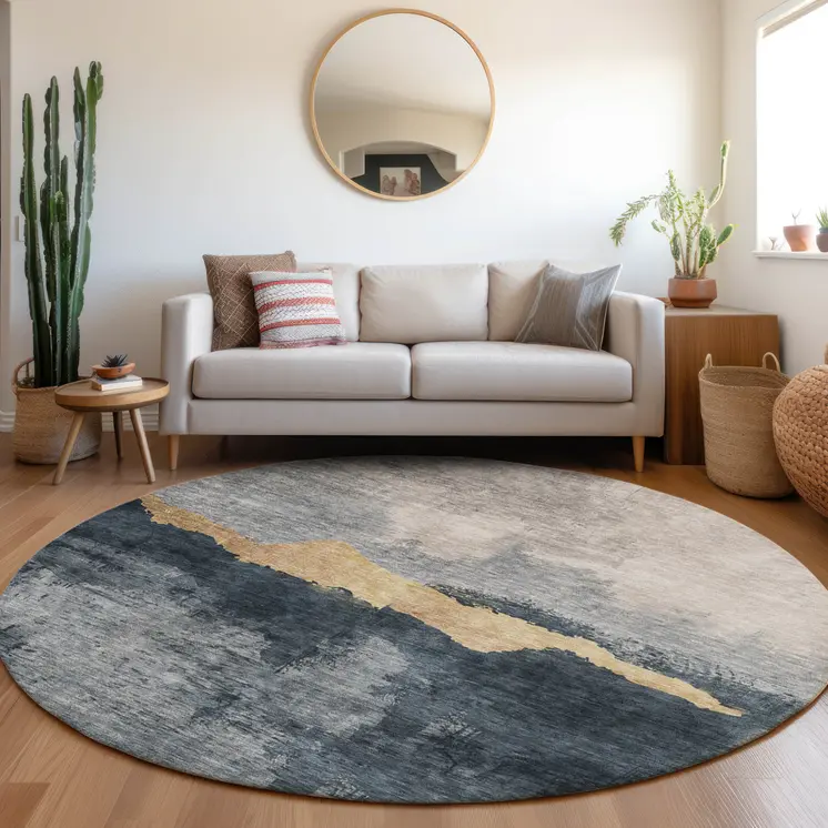 8' Blue Gray And Gold Round Abstract Washable Indoor Outdoor Area Rug