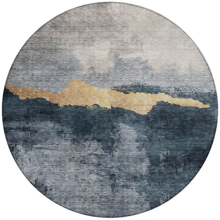 8' Blue Gray And Gold Round Abstract Washable Indoor Outdoor Area Rug