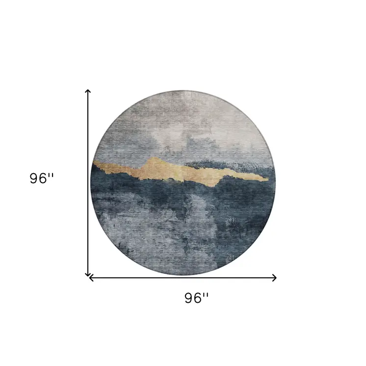 8' Blue Gray And Gold Round Abstract Washable Indoor Outdoor Area Rug