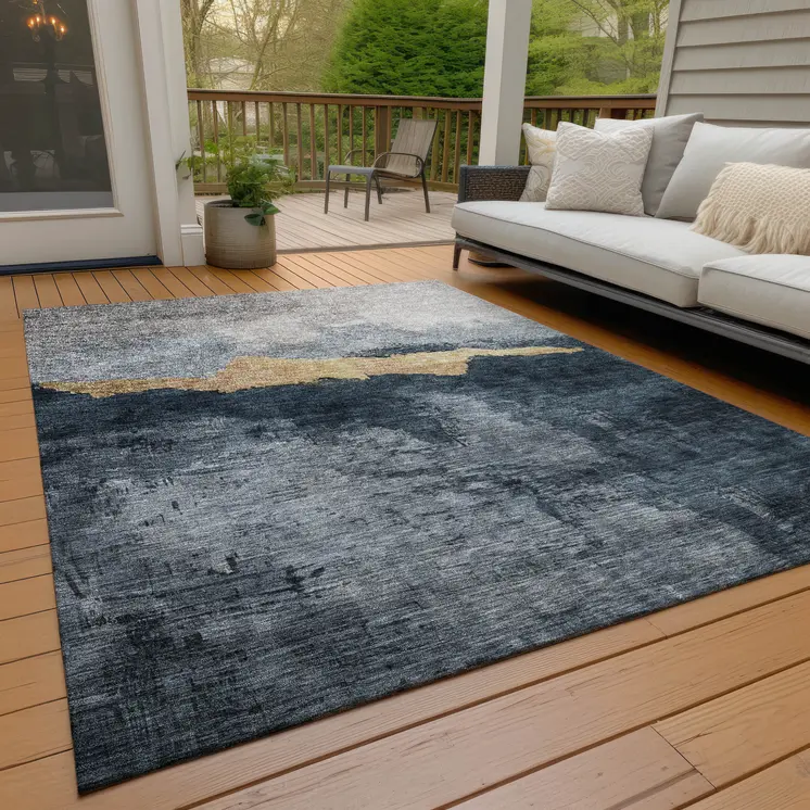 8' X 10' Blue Gray And Gold Abstract Washable Indoor Outdoor Area Rug