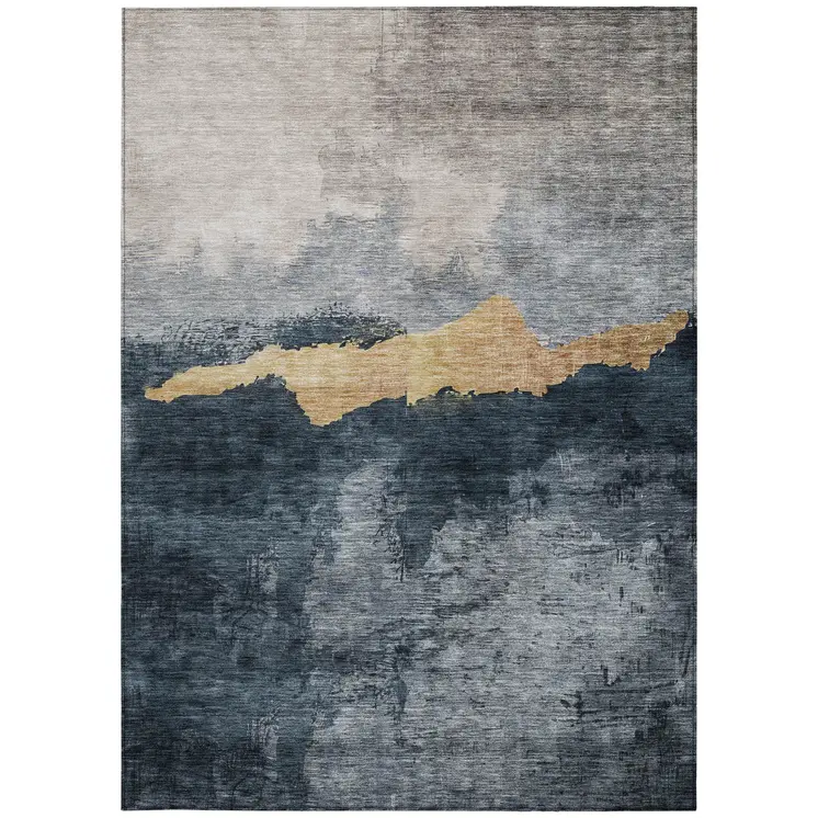 9' X 12' Blue Gray And Gold Abstract Washable Indoor Outdoor Area Rug