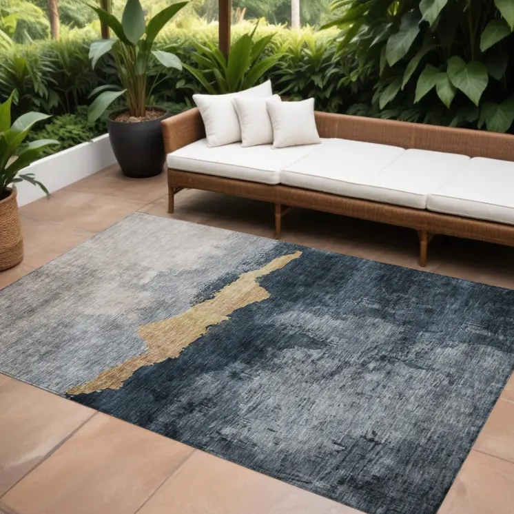 9' X 12' Blue Gray And Gold Abstract Washable Indoor Outdoor Area Rug