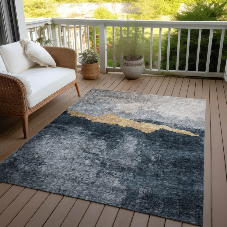 9' X 12' Blue Gray And Gold Abstract Washable Indoor Outdoor Area Rug