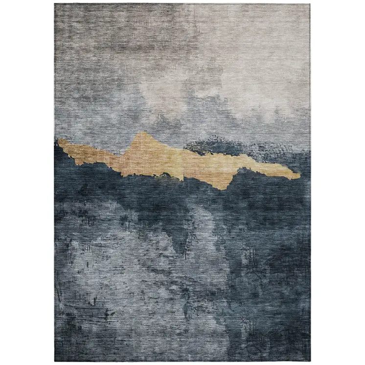 9' X 12' Blue Gray And Gold Abstract Washable Indoor Outdoor Area Rug