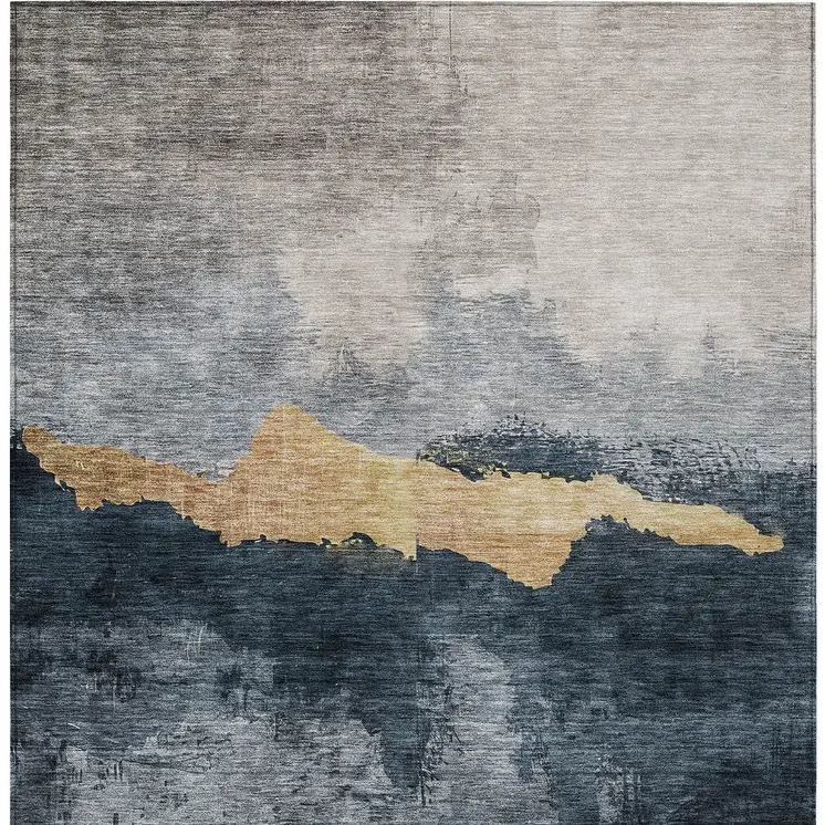 9' X 12' Blue Gray And Gold Abstract Washable Indoor Outdoor Area Rug