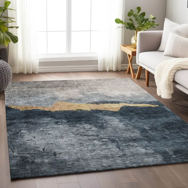 9' X 12' Blue Gray And Gold Abstract Washable Indoor Outdoor Area Rug