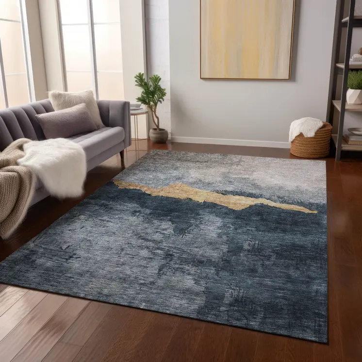 9' X 12' Blue Gray And Gold Abstract Washable Indoor Outdoor Area Rug