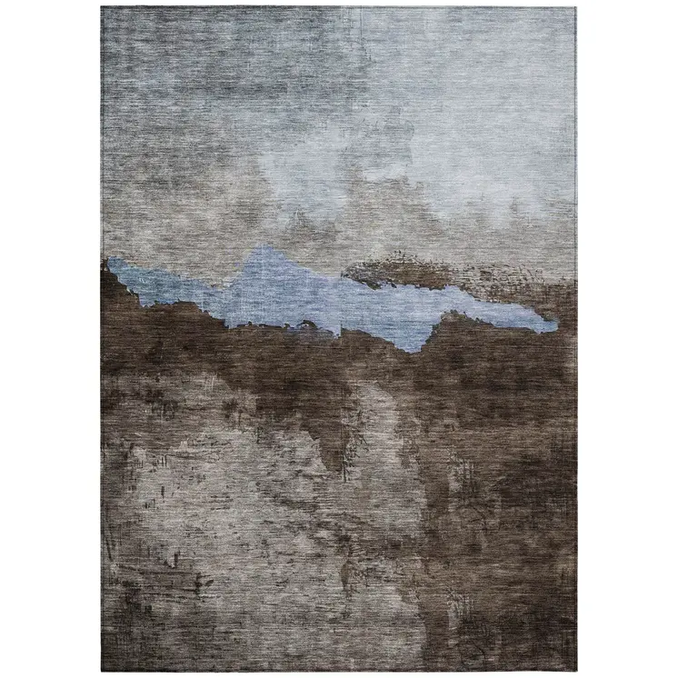 5' X 8' Chocolate Gray And Blue Abstract Washable Indoor Outdoor Area Rug