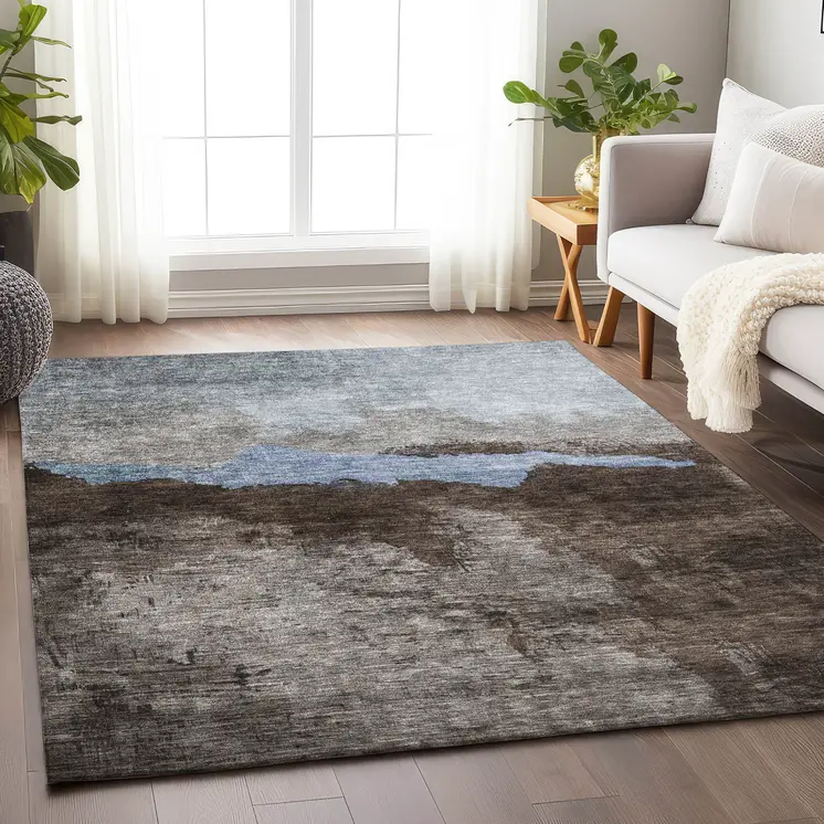 5' X 8' Chocolate Gray And Blue Abstract Washable Indoor Outdoor Area Rug