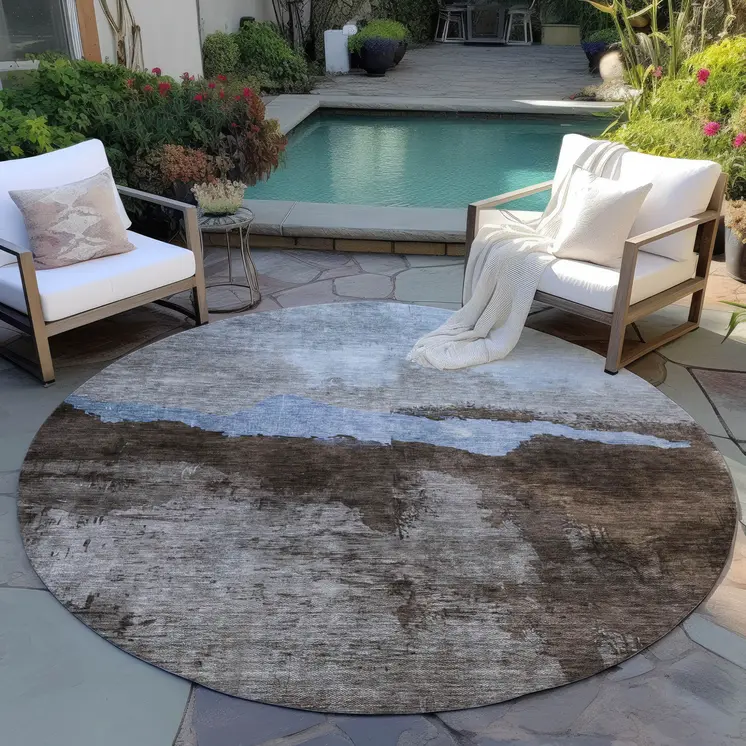 8' Chocolate Gray And Blue Round Abstract Washable Indoor Outdoor Area Rug