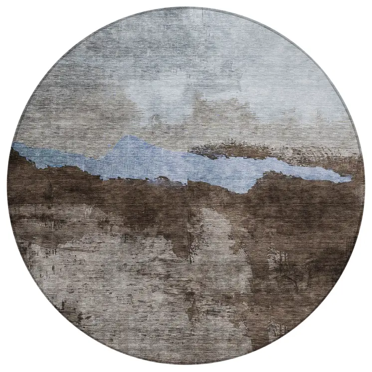 8' Chocolate Gray And Blue Round Abstract Washable Indoor Outdoor Area Rug