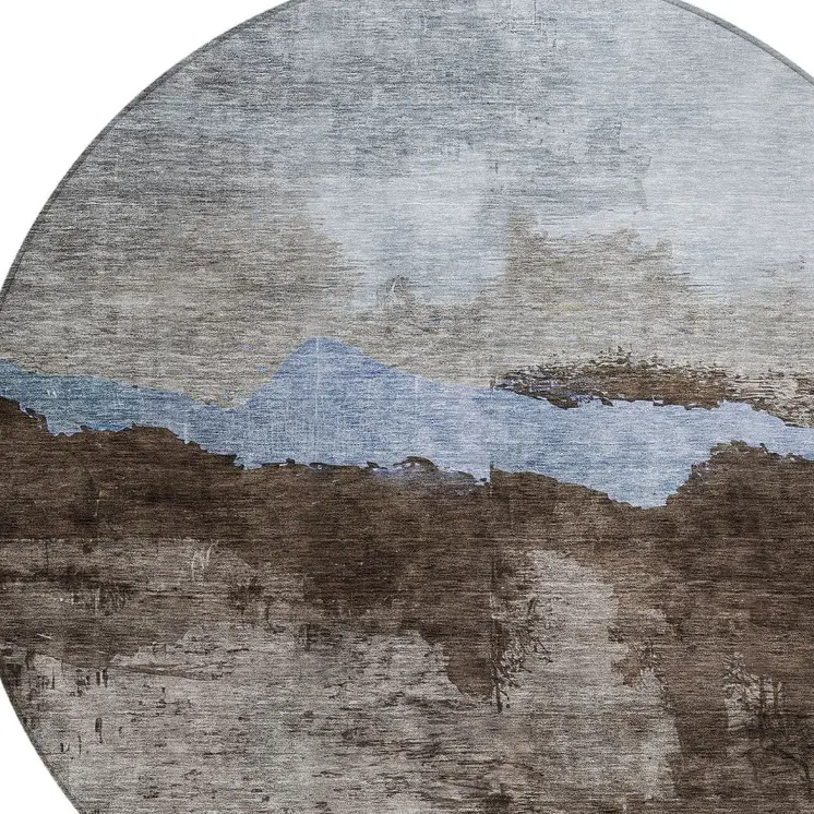 8' Chocolate Gray And Blue Round Abstract Washable Indoor Outdoor Area Rug