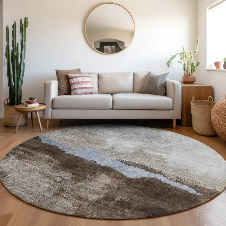 8' Chocolate Gray And Blue Round Abstract Washable Indoor Outdoor Area Rug