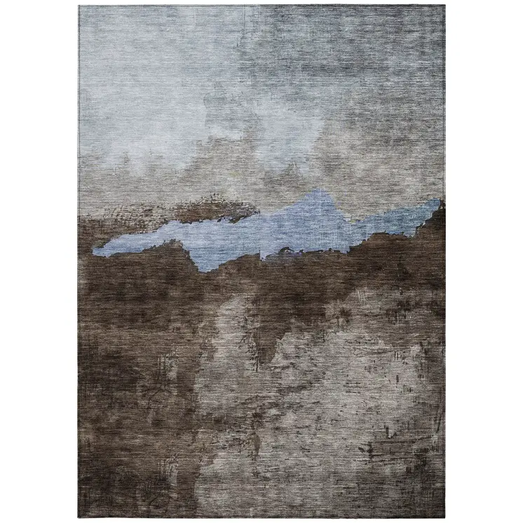 9' X 12' Chocolate Gray And Blue Abstract Washable Indoor Outdoor Area Rug