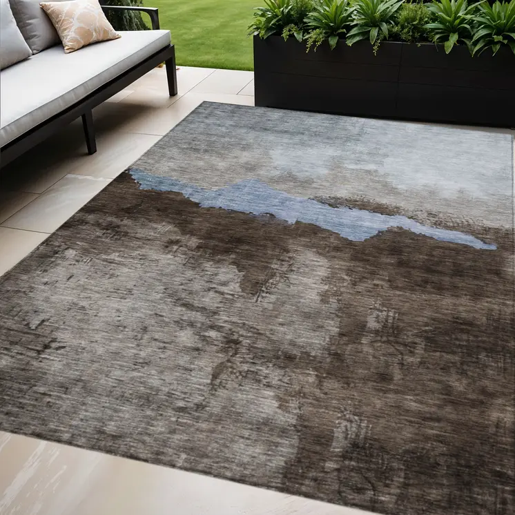 9' X 12' Chocolate Gray And Blue Abstract Washable Indoor Outdoor Area Rug