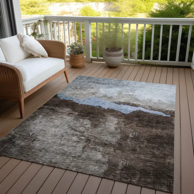 9' X 12' Chocolate Gray And Blue Abstract Washable Indoor Outdoor Area Rug