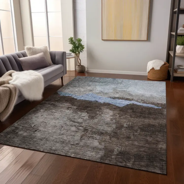 9' X 12' Chocolate Gray And Blue Abstract Washable Indoor Outdoor Area Rug