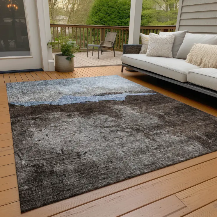 10' X 14' Chocolate Gray And Blue Abstract Washable Indoor Outdoor Area Rug