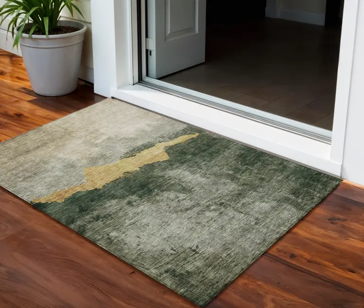 3' X 5' Fern Green Gold And Gray Abstract Washable Indoor Outdoor Area Rug