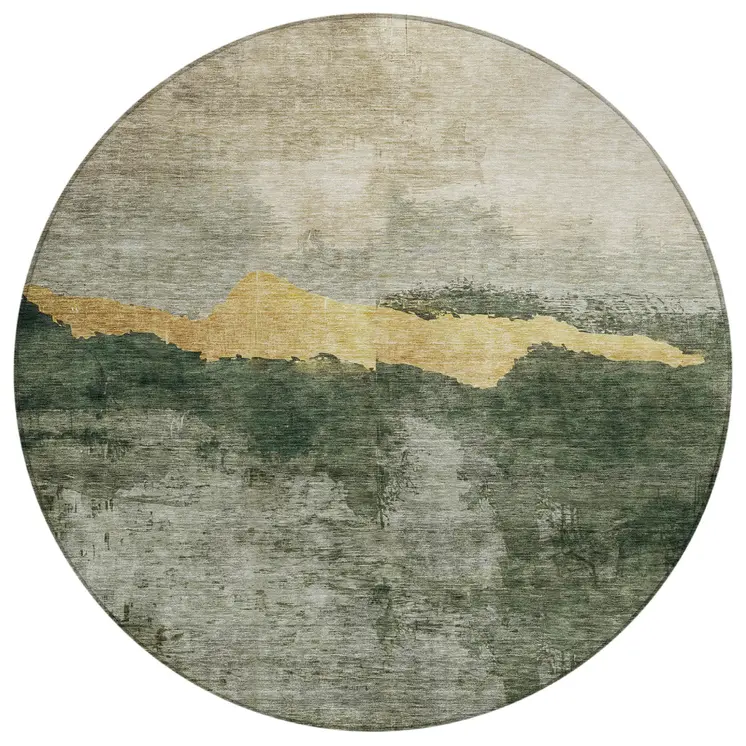 8' Fern Green Gold And Gray Round Abstract Washable Indoor Outdoor Area Rug
