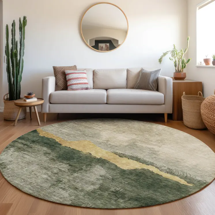 8' Fern Green Gold And Gray Round Abstract Washable Indoor Outdoor Area Rug