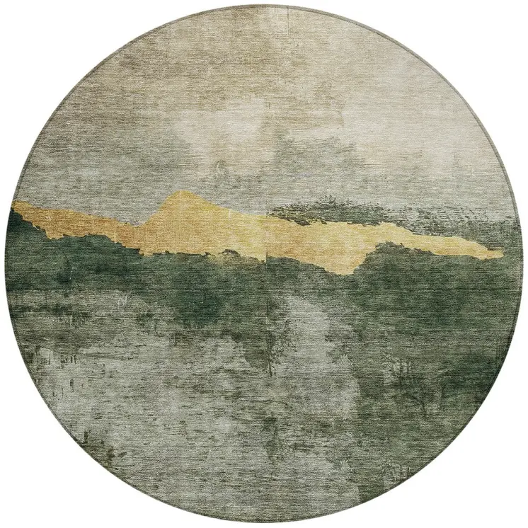 8' Fern Green Gold And Gray Round Abstract Washable Indoor Outdoor Area Rug