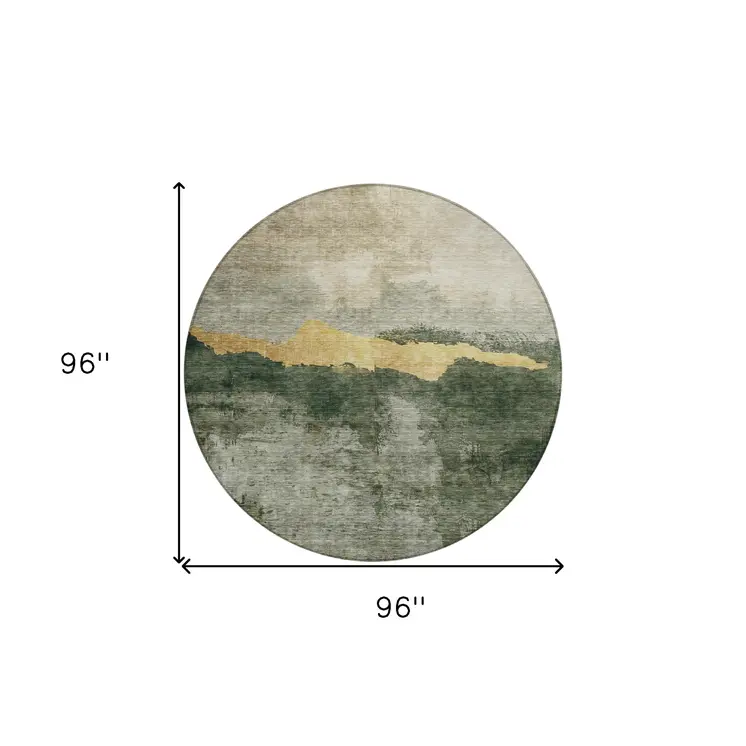 8' Fern Green Gold And Gray Round Abstract Washable Indoor Outdoor Area Rug