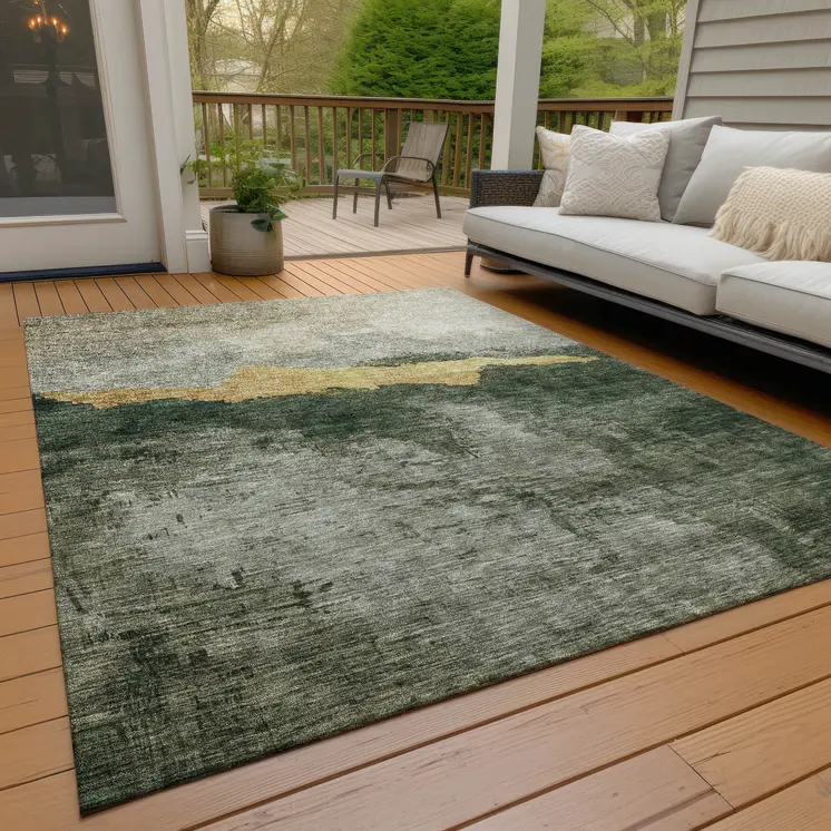 8' X 10' Fern Green Gold And Gray Abstract Washable Indoor Outdoor Area Rug