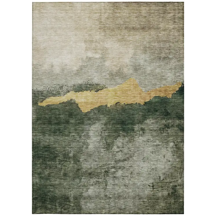 9' X 12' Fern Green Gold And Gray Abstract Washable Indoor Outdoor Area Rug